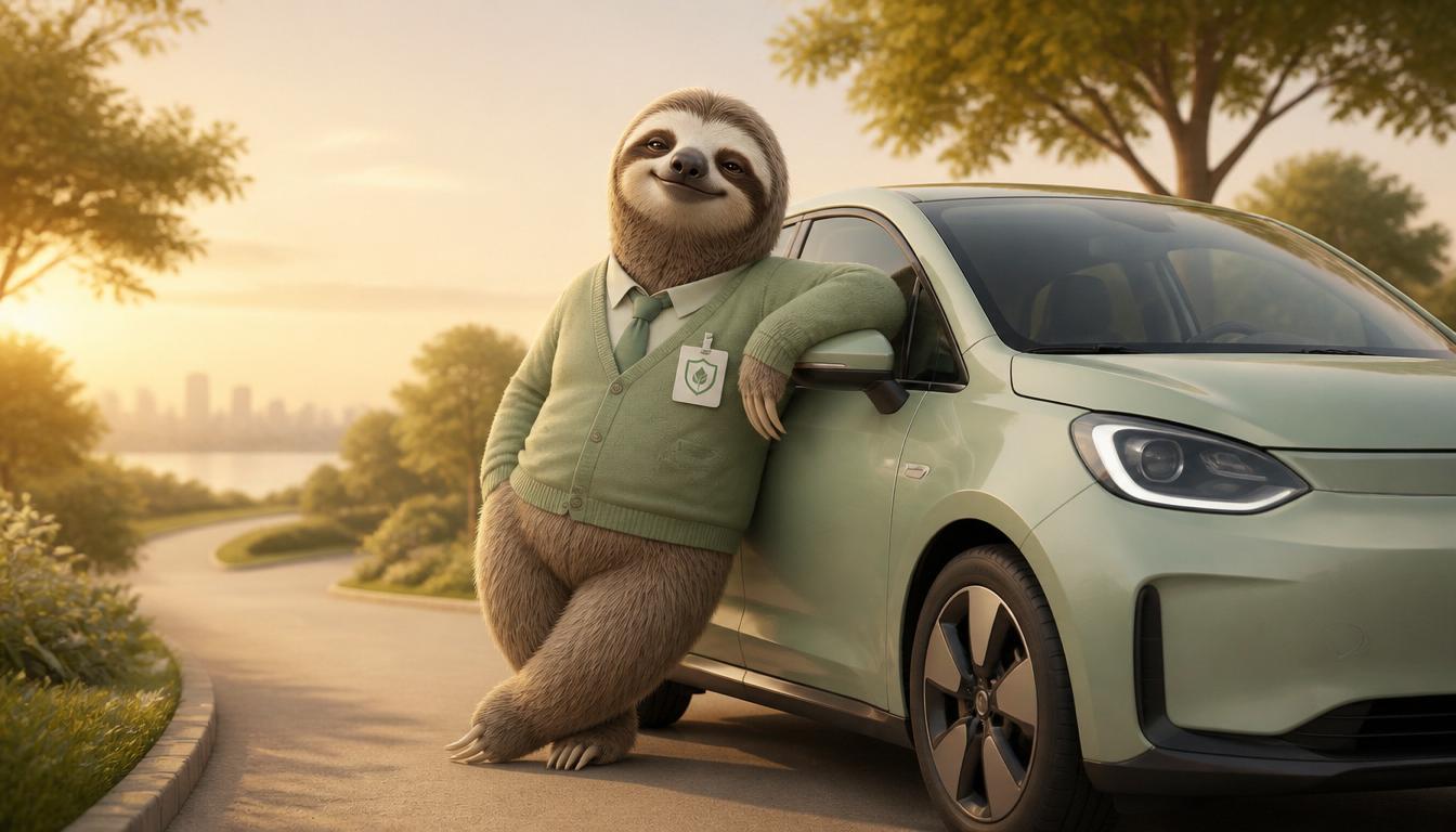 Friendly Sloth Insurance agent leaning confidently against a modern green car at sunset